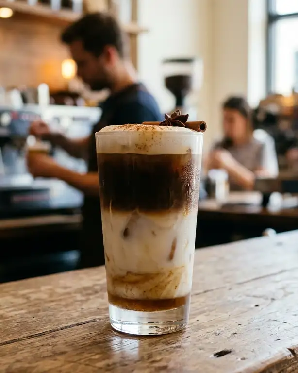 Iced Latte Cinnamon Roll posé sur le bar d’un coffee shop