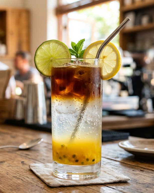Passion Fizz Cold Brew posé sur le bar d’un coffee shop