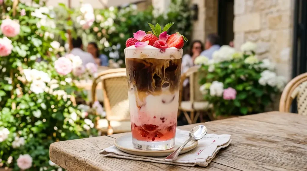 Boisson rose fraîche servie dans un verre transparent pour une carte de boissons CHR