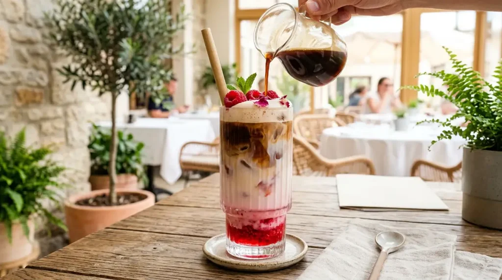 Boisson rose servie en terrasse dans un établissement CHR de Paris