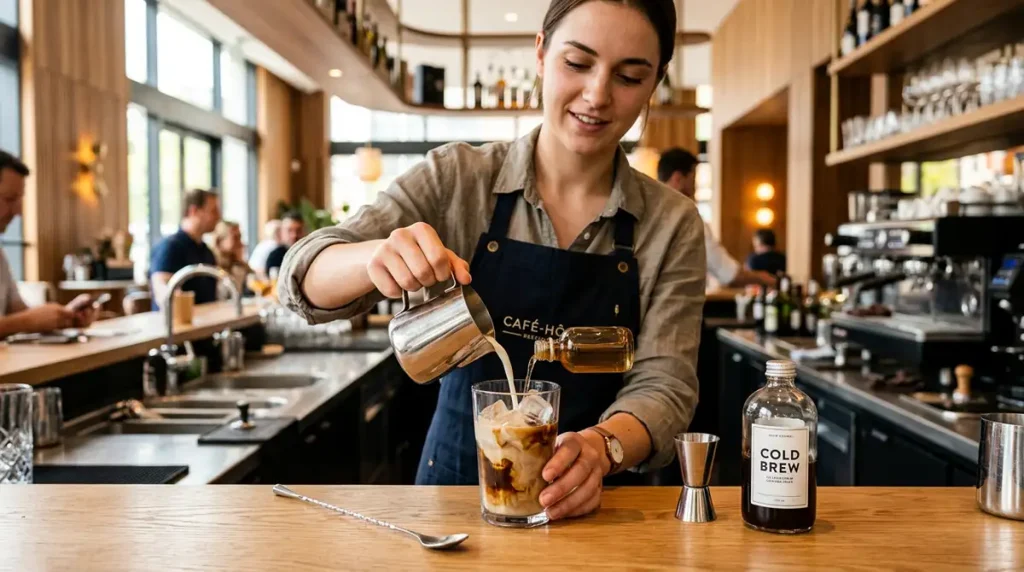 Préparation d’un café glacé professionnel au bar dans un établissement CHR