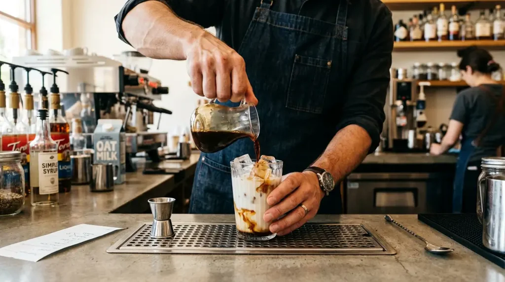 Préparation d’un café glacé professionnel par un barman parisien