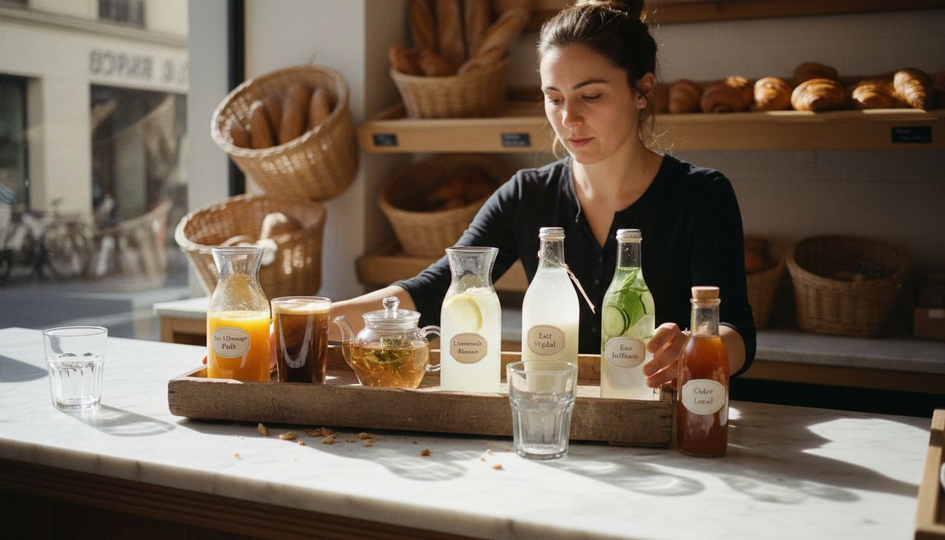 Une sélection de sept boissons artisanales présentées dans l’ambiance chaleureuse d’une boulangerie.