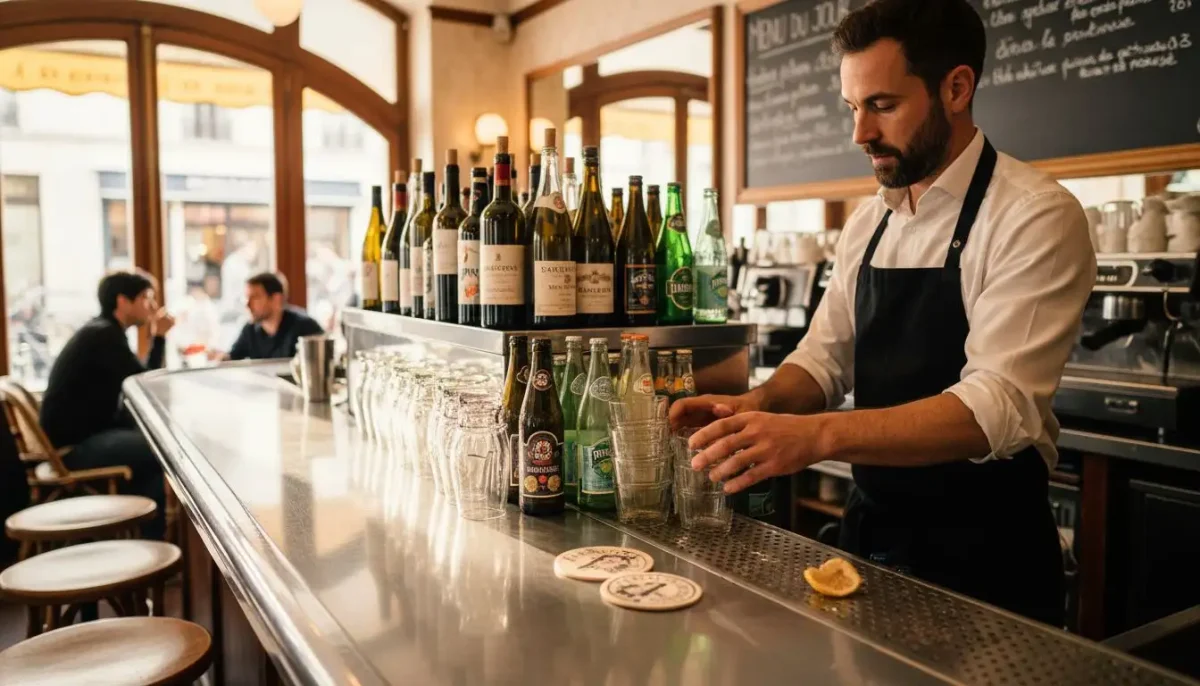 barman d'un bar parisien va servir deux verres de limonades