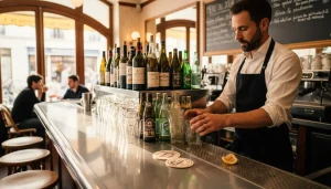 barman d'un bar parisien va servir deux verres de limonades