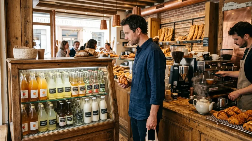 Client choisissant les meilleures boissons pour boulangerie artisanale parmi des jus frais, cafés de spécialité et boissons locales.