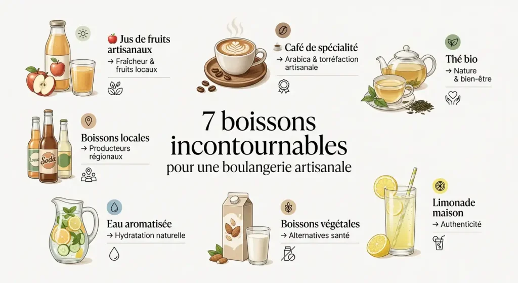 Infographie présentant les 7 meilleures boissons pour boulangerie : jus artisanaux, café, thé bio, limonade, boissons végétales, eaux aromatisées et boissons locales.