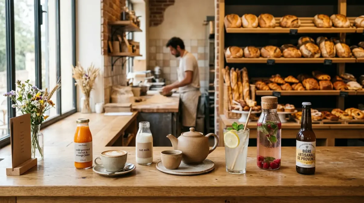 Meilleures boissons pour boulangerie artisanale : café de spécialité, jus de fruits, thé bio et limonade maison accompagnant des viennoiseries.