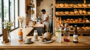 Meilleures boissons pour boulangerie artisanale : café de spécialité, jus de fruits, thé bio et limonade maison accompagnant des viennoiseries.