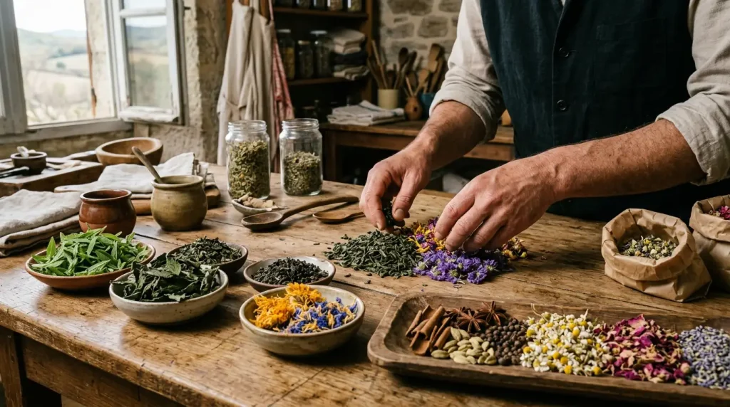 Mains assemblant des plantes entières pour une infusion bio artisanale