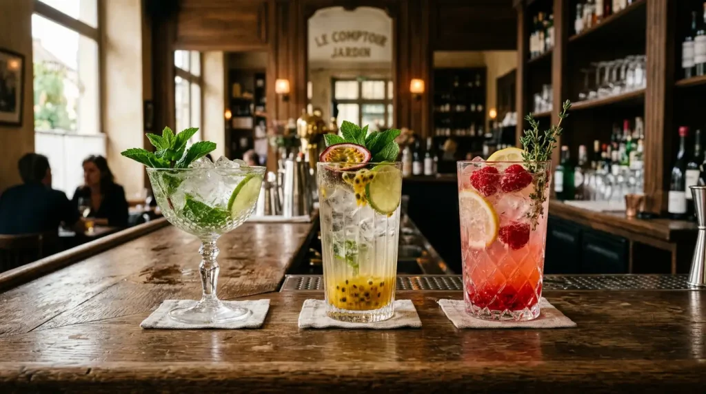 Cocktails et mocktails préparés avec des sirops dans un bar professionnel