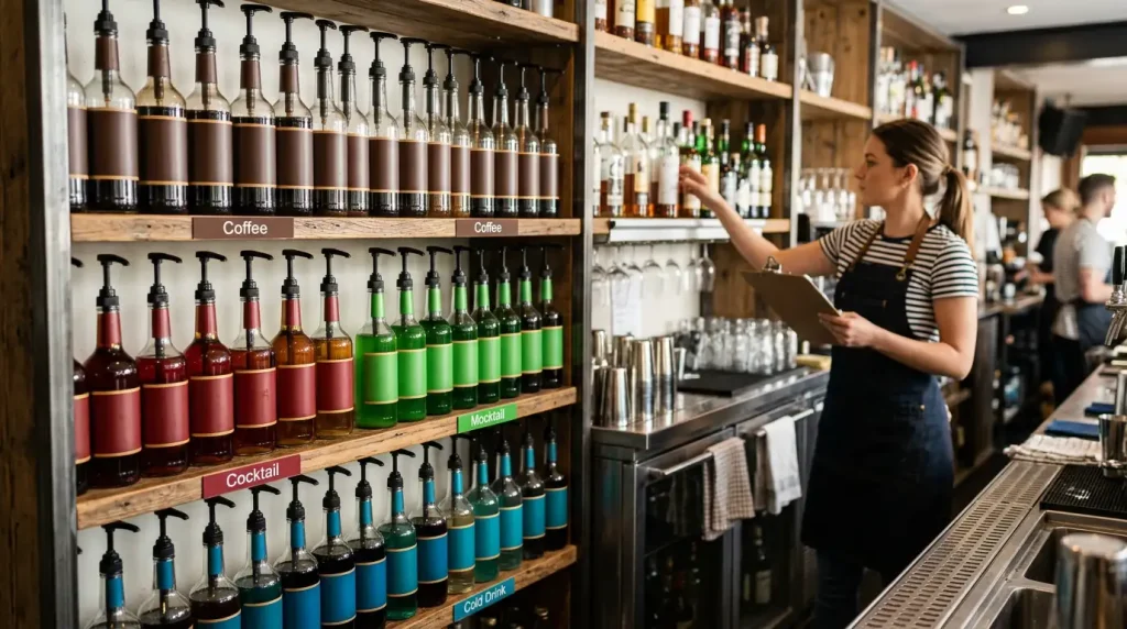 Organisation du stock de sirops derrière le comptoir d’un bar professionnel