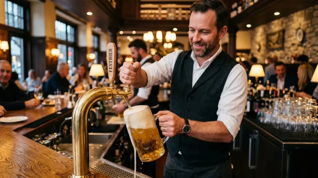 Bière Oktoberfest servie à la pression dans un bar professionnel en 2026