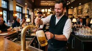 Bière Oktoberfest servie à la pression dans un bar professionnel en 2026