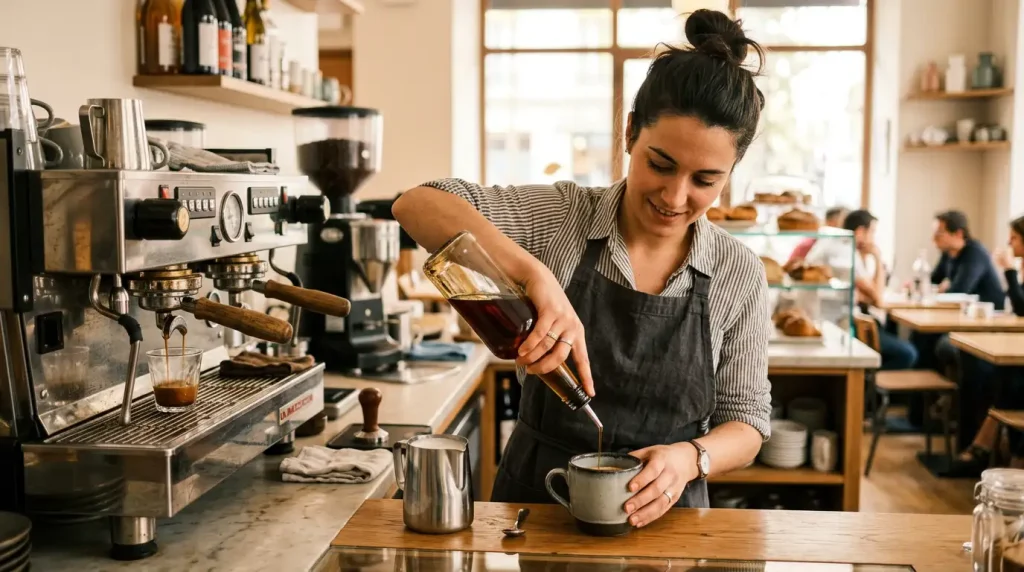 Préparation d’un café aromatisé à la vanille et au caramel par un barista