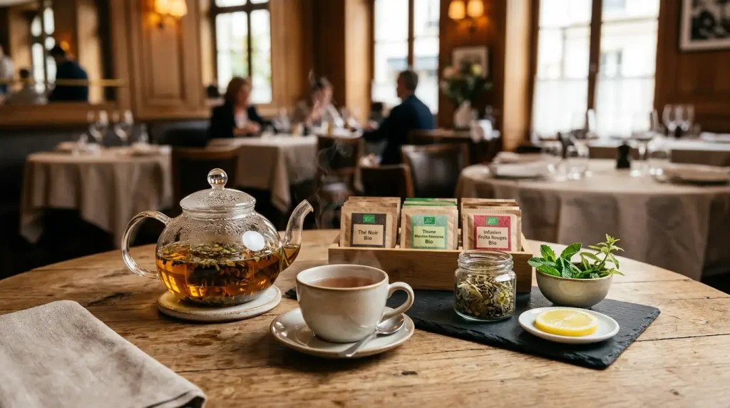 Théière et infusions bio Soïo servies sur une table de restaurant