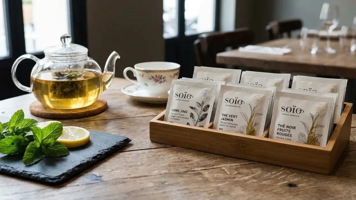 Théière et infusions bio Soïo servies sur une table de restaurant